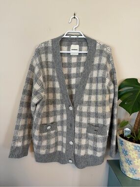 Sandro Gray and Cream Plaid V-Neck Cardigan